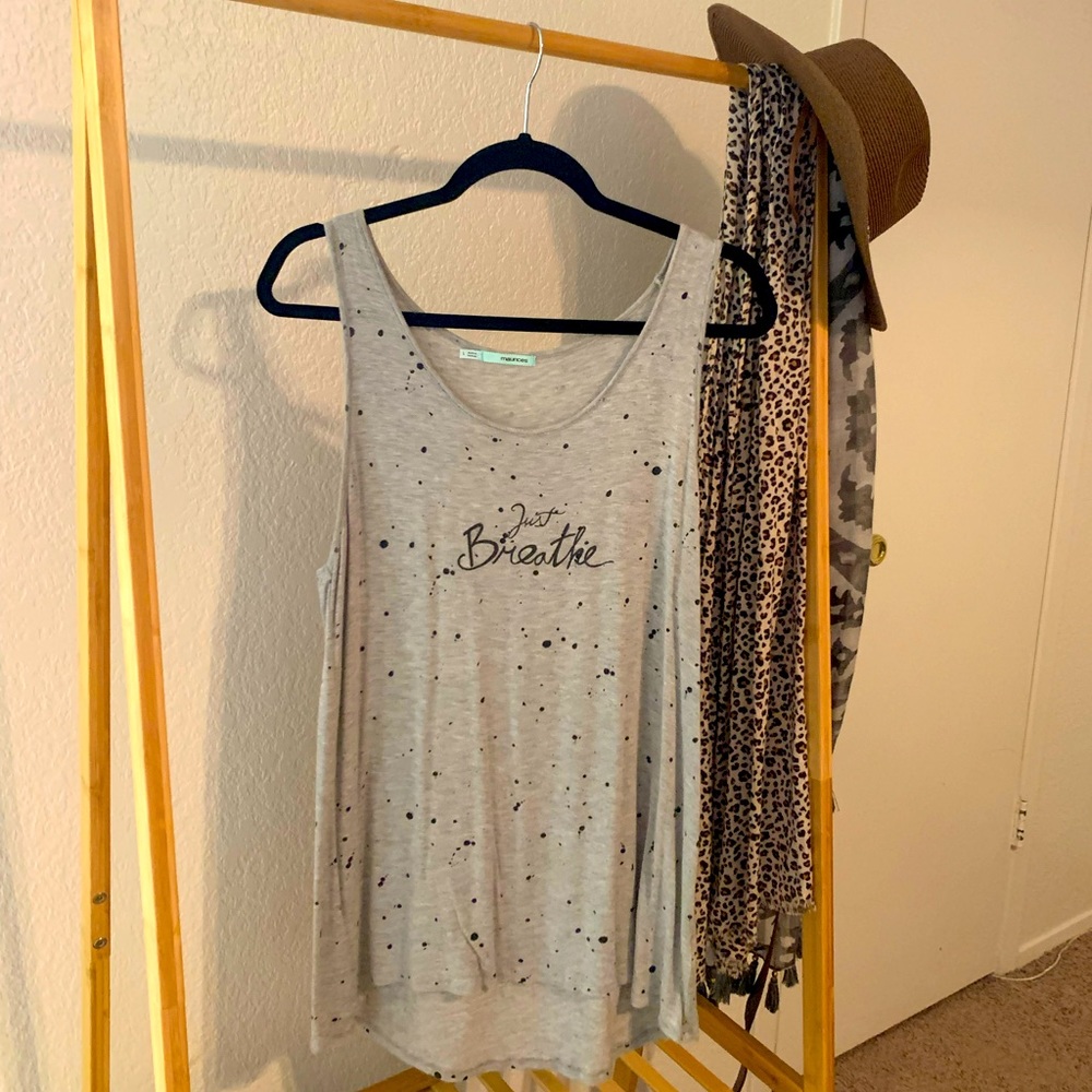 “Just breathe” tank with black paint splatter